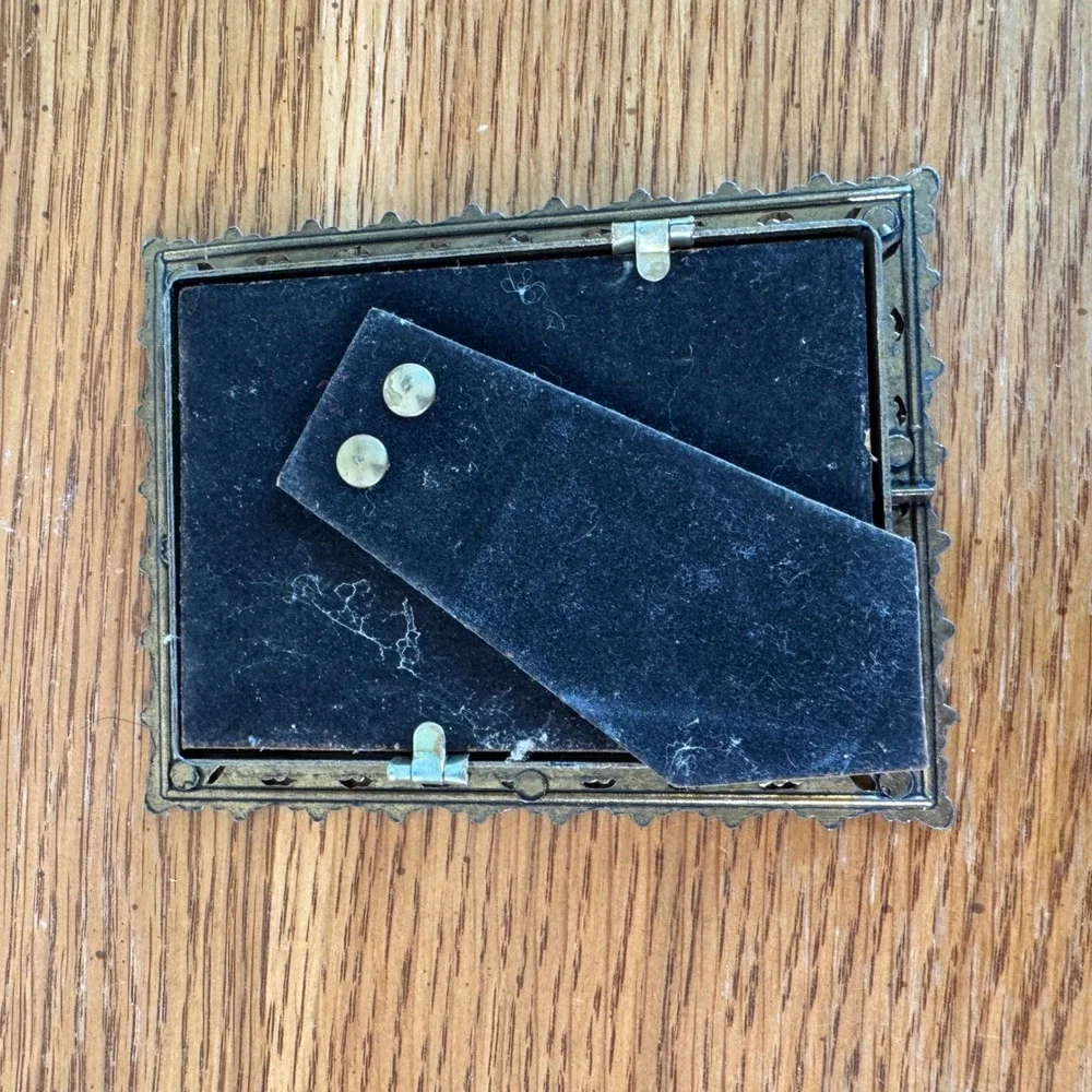 Vintage Ornate Brass Miniature Picture Frame Made in Italy Blue Floral‎ Art